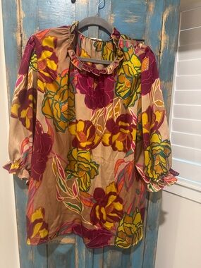 Floral Ruffle Neck Women's Blouse - Beige with Pink & Yellow Floral